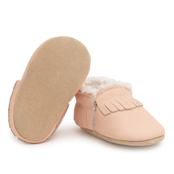 Desert Rose Sherpa Baby Moccasins, Genuine Leather BirdRock Baby