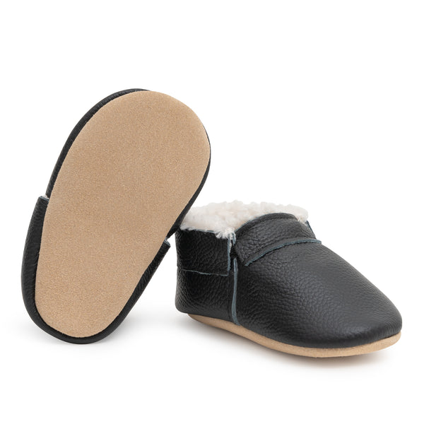 Black and Tan Fringeless Sherpa Baby Moccasins, Genuine Leather