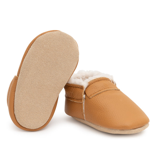 Gingersnap Fringeless Sherpa Baby Moccasins, Genuine Leather BirdRock