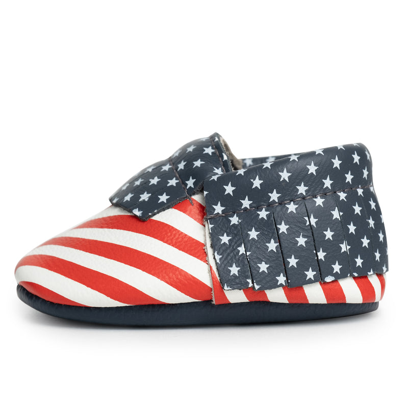 Stars and Stripes Baby Moccasins, Genuine Leather | BirdRock Baby